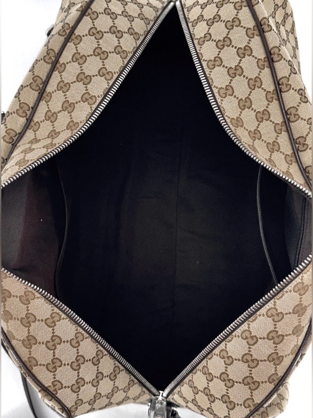 Authentic GUCCI Large GG Logo Beige Canvas Brown Leather Carry on Duffle Bag - Picture 10 of 16
